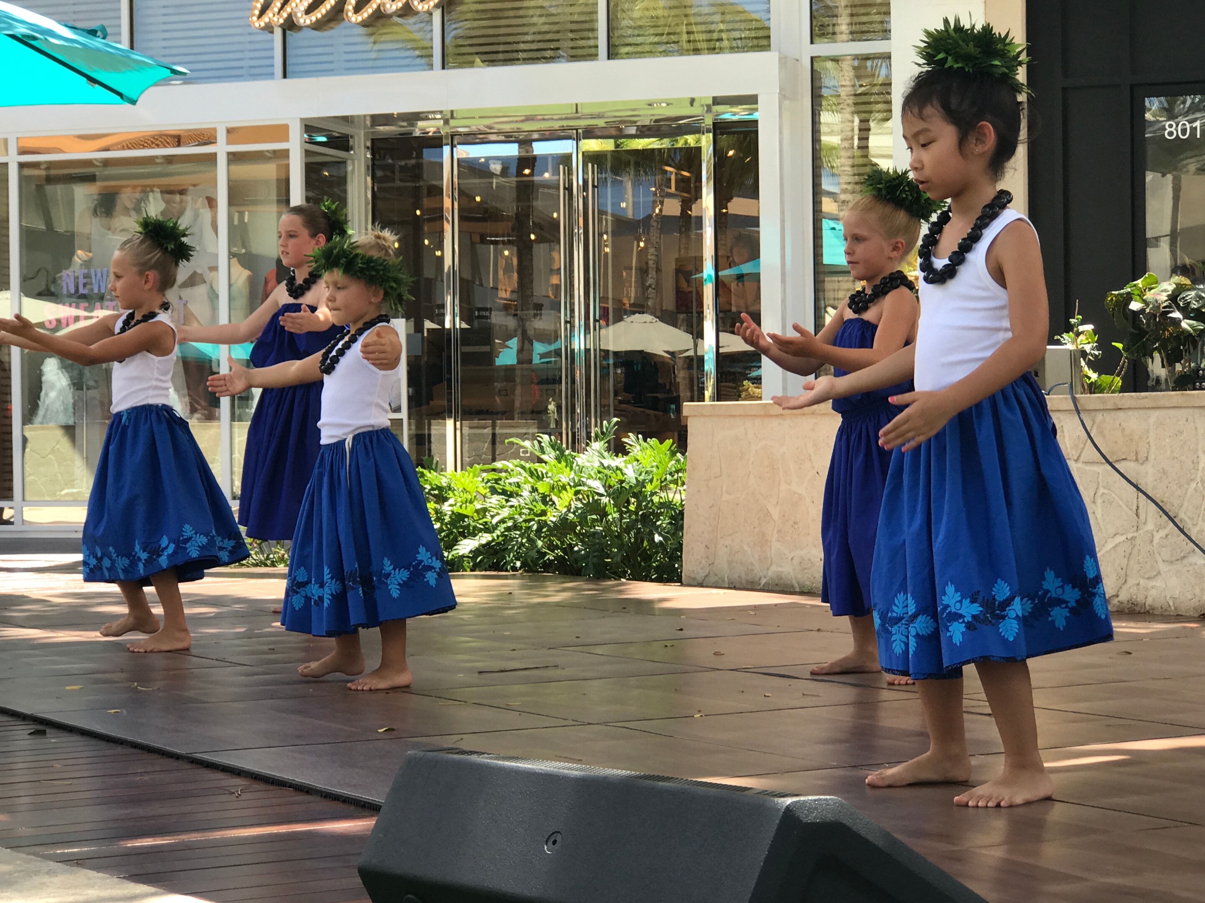 Children performing hula dance in blue skirts at outdoor venue