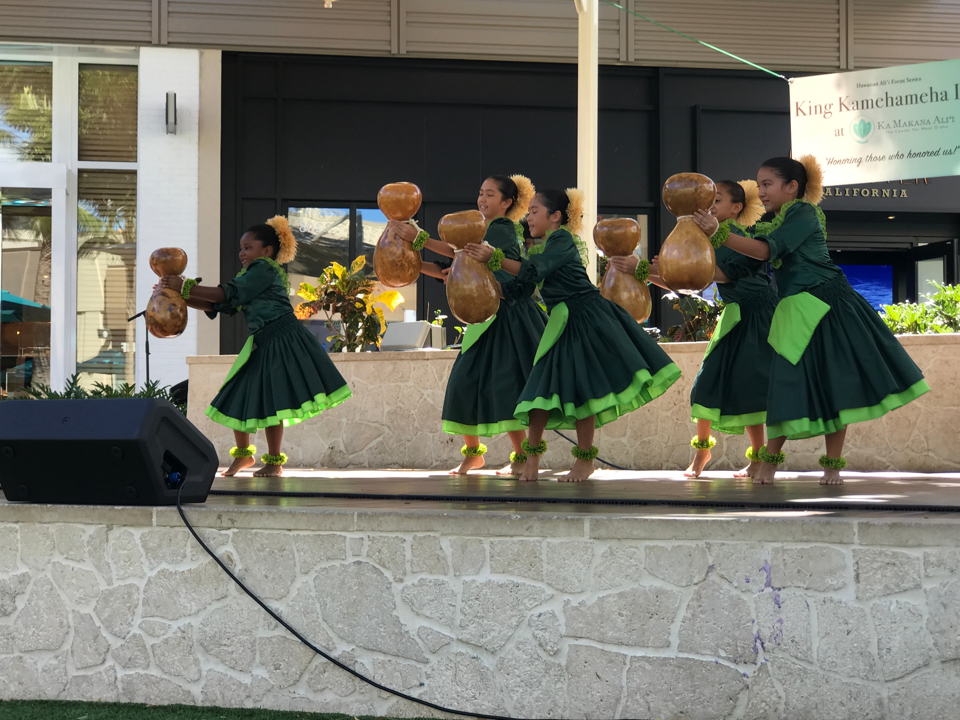 Hawaiian hula dancers performing with gourds