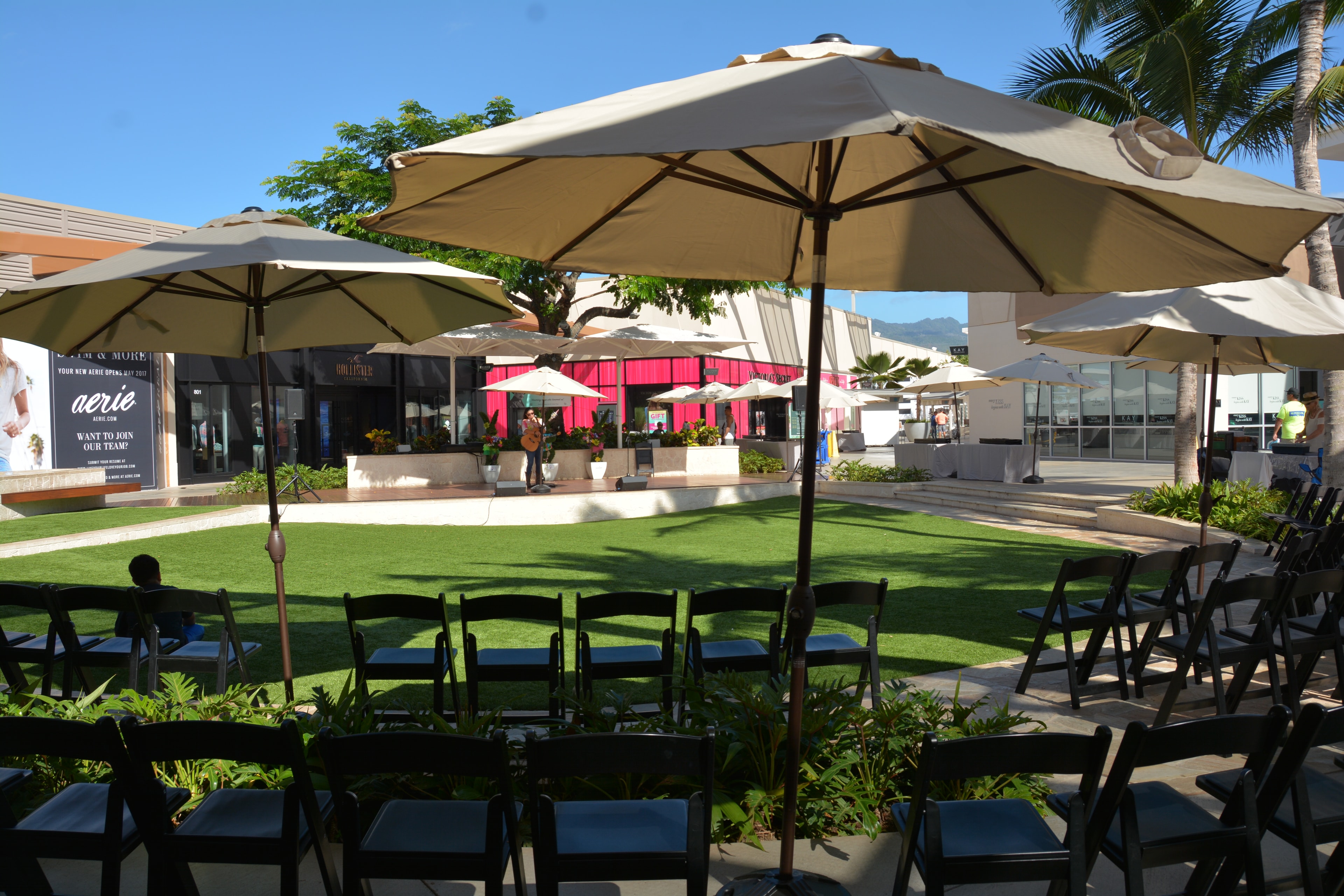 Outdoor patio seating with umbrellas
