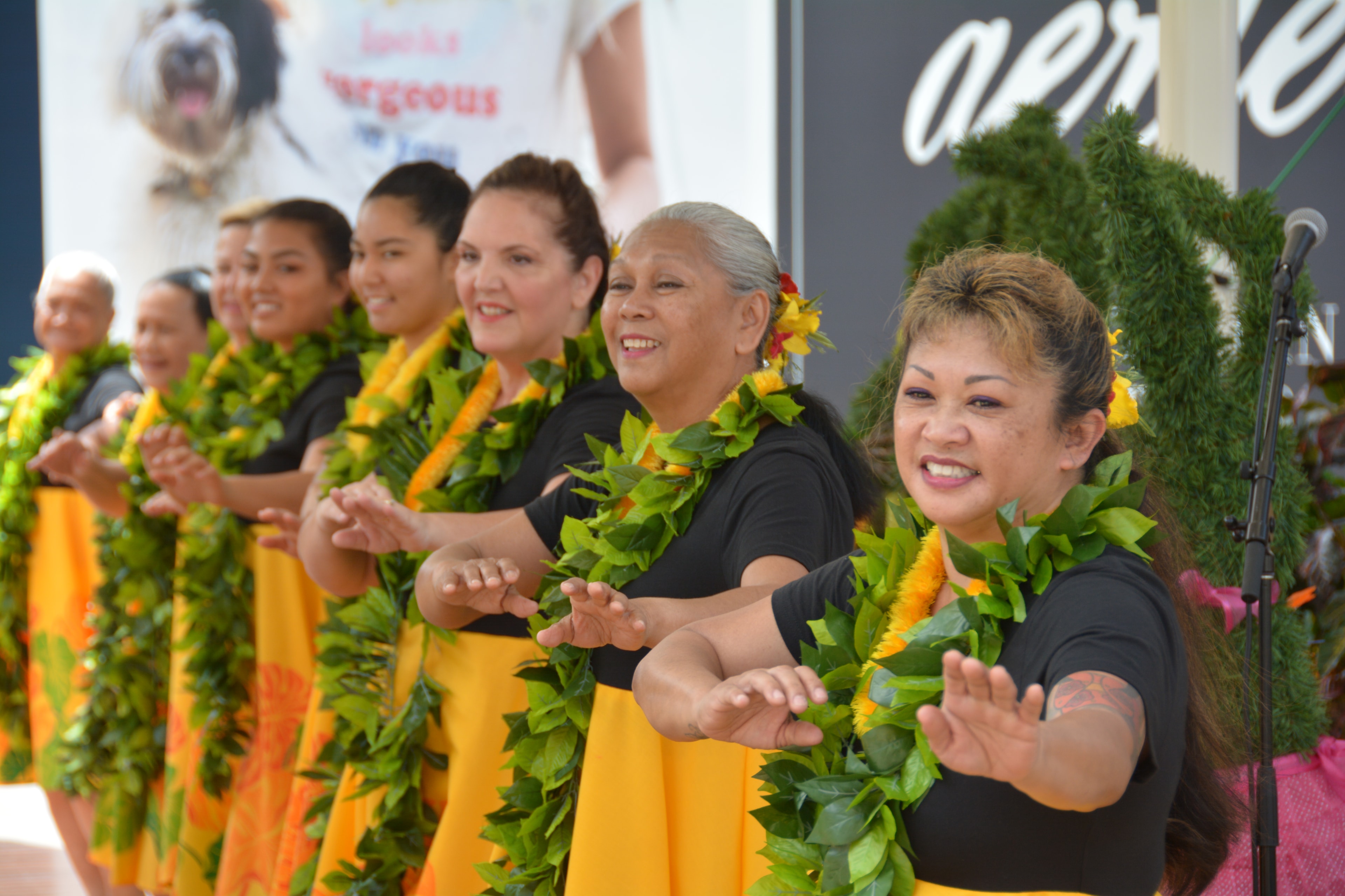 Hawaiian dancers performing with lei garlands