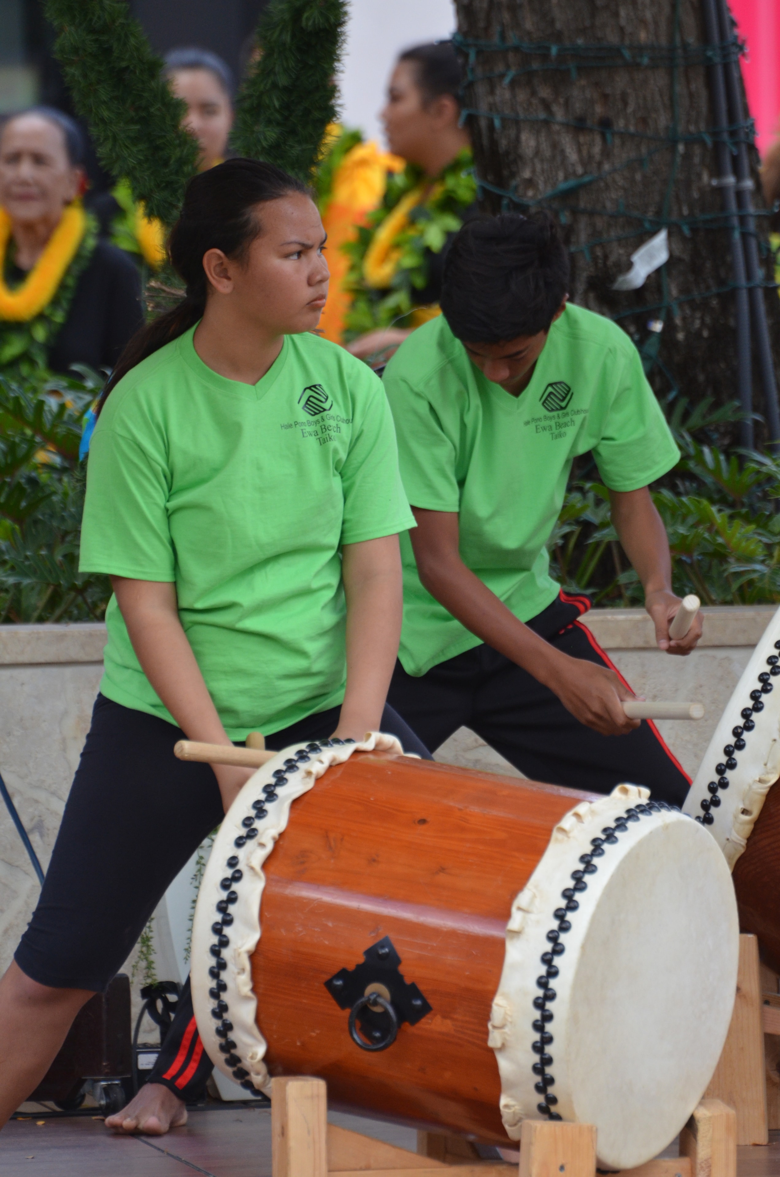 Students performing traditional taiko drum ceremony