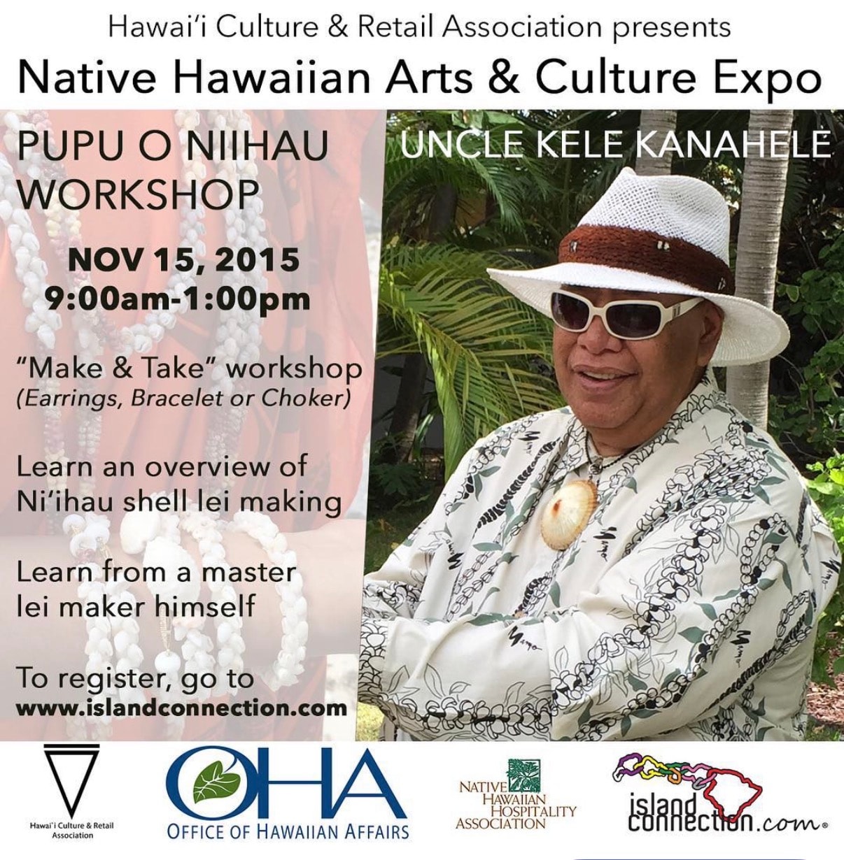 Native Hawaiian lei making workshop event poster