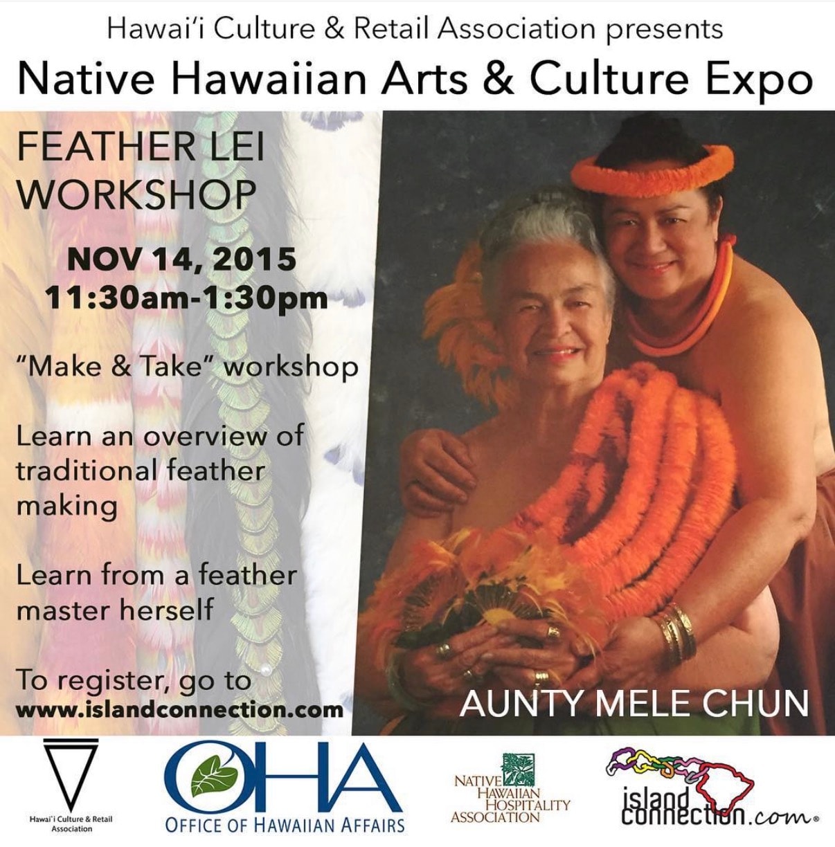 Native Hawaiian feather lei workshop event poster