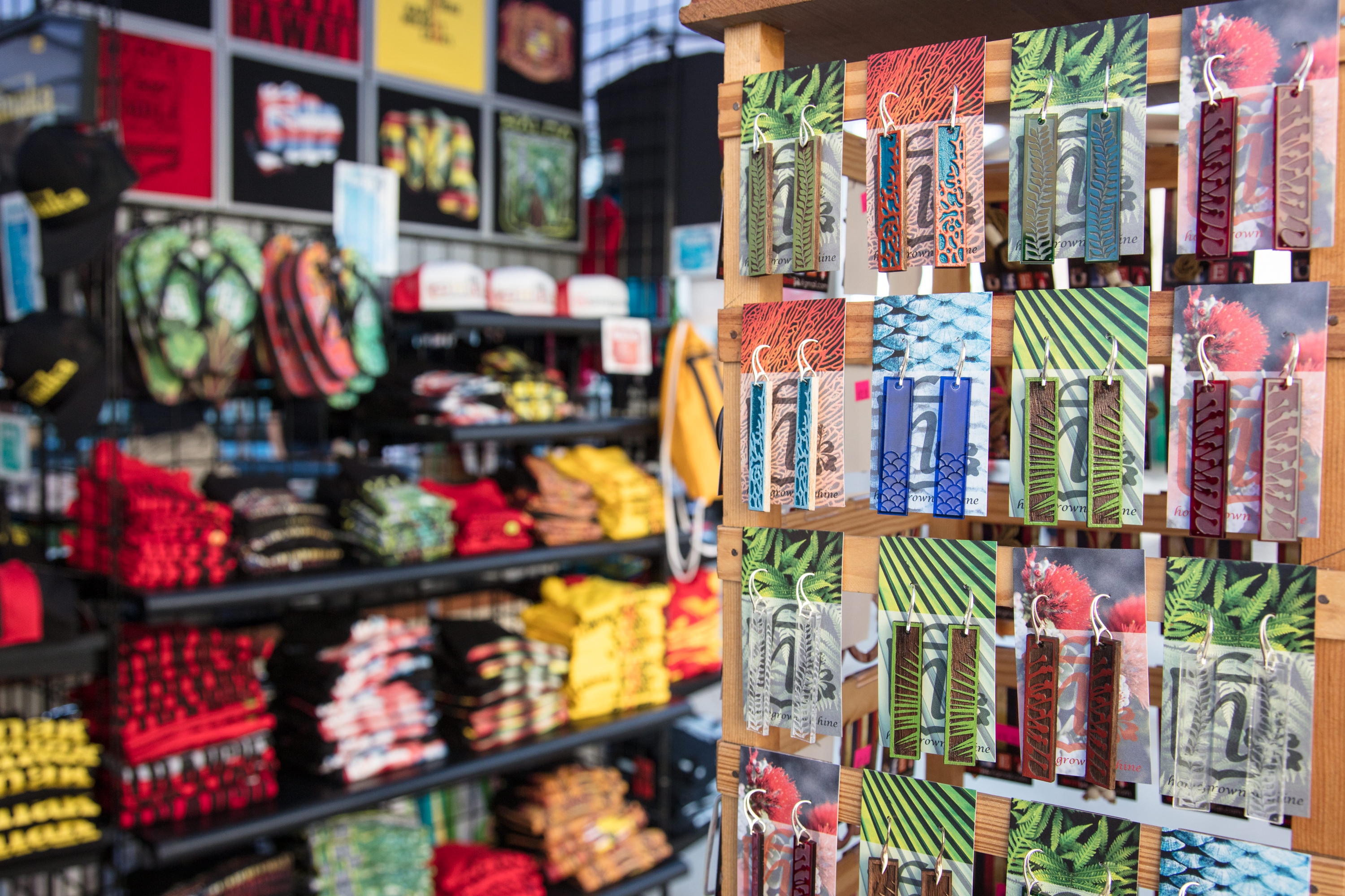 Colorful bookmarks displayed wooden rack store