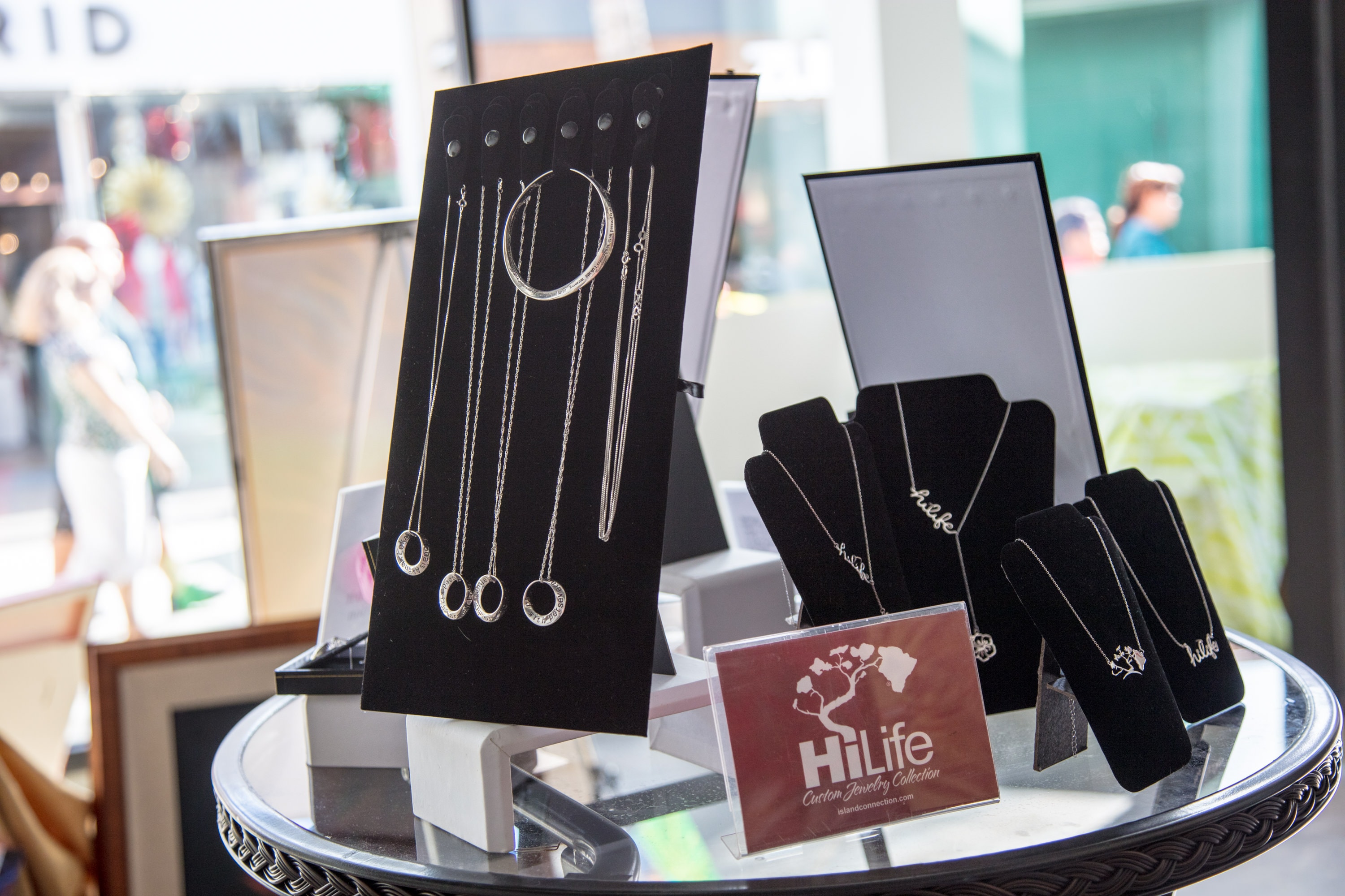 Jewelry store display with necklaces