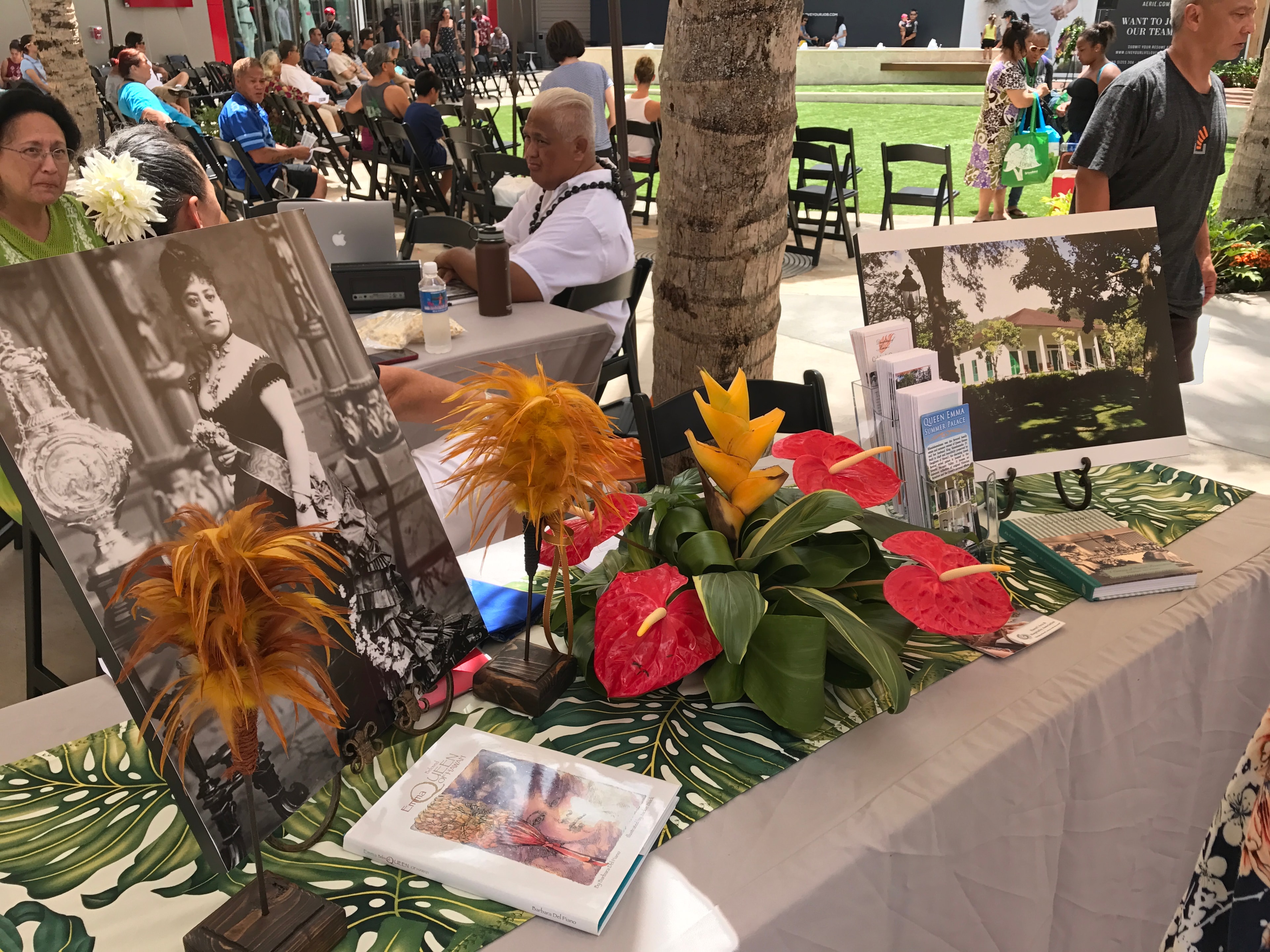 Community event display with tropical flowers